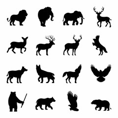 Naklejka premium Black silhouettes of various animals including lions, deer, bears, wolves, and birds isolated on