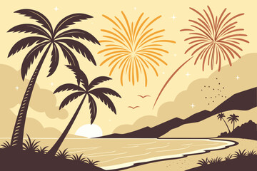 New Year 2026 Tropical Beach Sunset Vector 