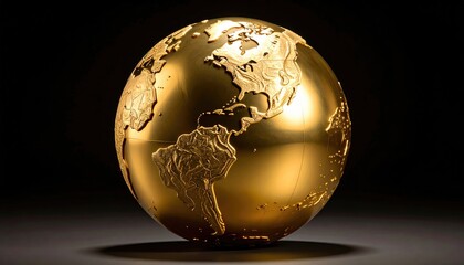 Gleaming golden globe of Earth on dark surface
