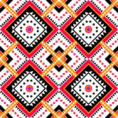 High-detail ethnic geometric textile pattern with large layered diamond shapes, bold red, gold, black, and white color palette. Sharp triangular borders, star-shaped interior motifs.