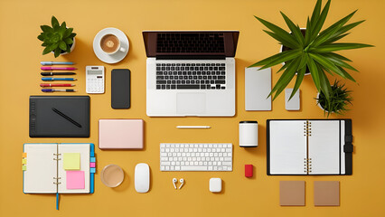 Vibrant workspace setup with modern tech and office supplies on yellow background.