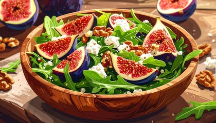 Close-up view of a fresh arugula salad with figs, walnuts, and cheese