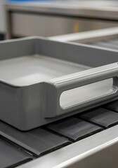 Empty grey plastic security tray moving along a black conveyor belt, ready for scanning at an airport or sorting in an industrial facility.
