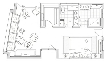 High-quality black line art of a loft luxury bedroom floor plan with bed, lounge chairs, and small reading corner, upscale interior layout design