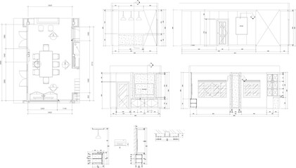 Interior Design Construction Drawings for Dining Area and TV Cabinet in Residential House with Complete Plans, Elevations, Sections, and Detail Set