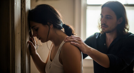 A concerned man comforting an upset young woman in a white tank top leaning against a doorway. Natural window light illuminates the scene indoors.
