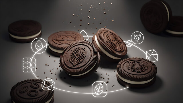 4K high-resolution stylized chocolate sandwich cookies with white cream center, 