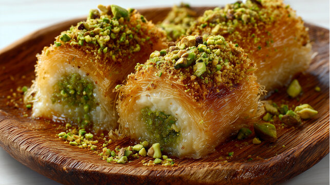 Crispy kataifi rolls filled with pistachios and sweet syrup, a rich and aromatic Middle Eastern dessert with golden texture and nutty flavor, served on a wooden plate