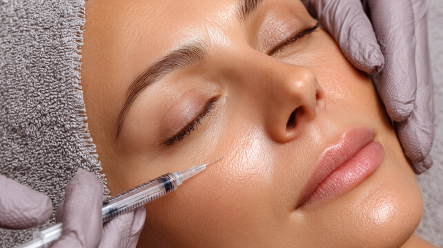 Close-up of a woman receiving a cosmetic injection under the eye area during a beauty treatment. Professional cosmetologist performing aesthetic facial procedure for anti-aging and rejuvenation