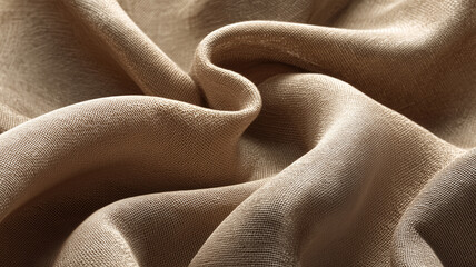 Close-up of soft beige linen fabric with elegant folds and a fine woven texture. The gentle curves and natural fibers create a sense of warmth, simplicity, and organic sophistication