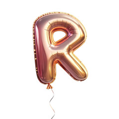 Cheerful rose gold balloon letter R from alphabet font for party celebration. Shiny foil typography isolated for festive fun