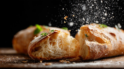 Fresh rustic baguette breaking apart with flying crumbs and flour in dramatic lighting, highlighting crisp crust, airy texture, and artisan bakery style on dark background
