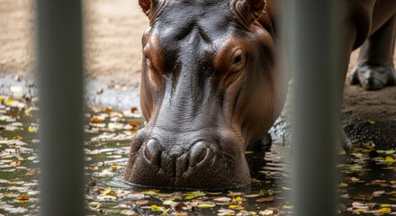 Detailed portrait of a brown hippopotamus partially submerged in water, with its reflection visible. The hippo is behind metal bars in a zoo, creating a sense of captivity.