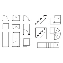 Doors, stairs for floor plan top view. Architectural elements set for apartment scheme. vector 