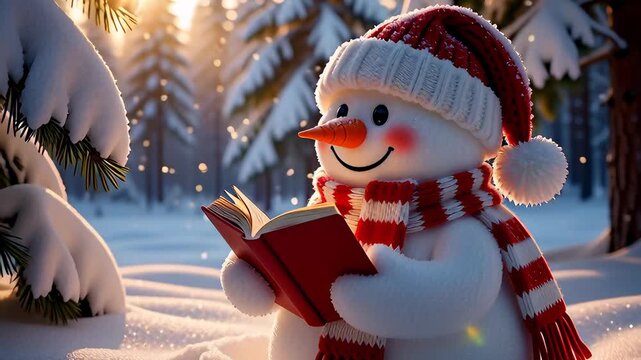 Cheerful snowman reading a red book in a sunlit snowy winter forest, 3D animation illustrating holiday storytelling concepts.