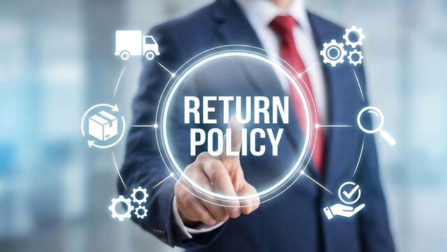 Man using virtual touch screen presses inscription: RETURN POLICY. Concept of return policy and send package back to get money refund. Shopping purchase compensation after customer guarantee terms new