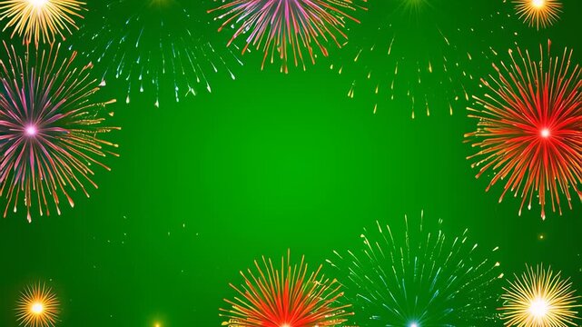 Golden firework trails and colorful explosions bursting on a bright green background with copy space, illustrating celebration concepts in a festive animation.