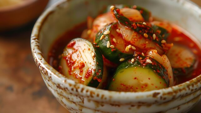 Close up of oi muchim korean cucumber salad in a bowl with sesame seeds and chili flakes garnish