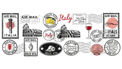 Collection of Italian Travel Stamps with Iconic Landmarks and Symbols
