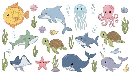 Cute Cartoon Ocean Sea Animals Collection, Underwater Life Characters Set