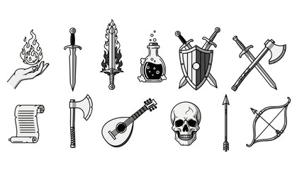 Fantasy Adventure Game Icons: Swords, Axes, Potions, Scrolls, and More