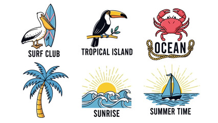 Naklejka premium Vintage Tropical Summer Beach and Ocean Themed Vector Icons Set
