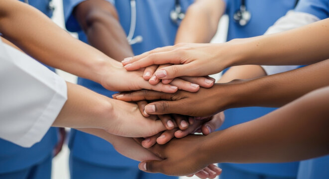 A diverse group of medical professionals stacks hands in a show of unity and collaboration on a white background, emphasizing teamwork, support, and commitment.