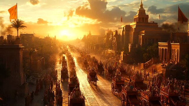 Ancient city scene with chariots during sunset