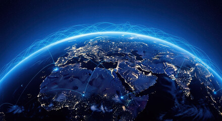 Obraz premium View of Earth from space at night with glowing city lights and digital network connections on dark blue gradient background. Global communication.