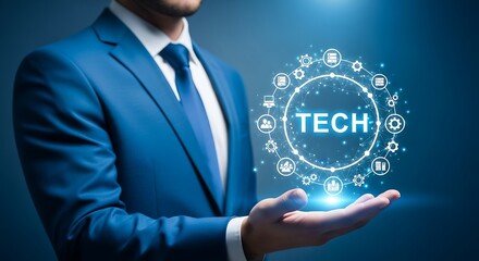 Businessman presents glowing digital technology network concept floating above his hand