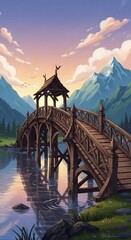 A serene wooden bridge spans a tranquil lake, nestled amidst a picturesque mountain landscape at sunrise.