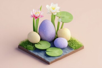 Pastel eggs rest amidst water lilies on a grassy island.