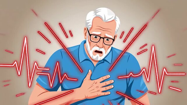 Elderly Man Experiencing Chest Pain and Showing Rapid Heartbeat on Conceptual Graphic