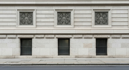 Fototapeta premium Exterior view featuring six windows arranged in two rows on an ornate, beige stone building wall showcasing architectural details with intricate patterns.