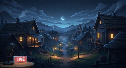 Wooden village structures glow warmly under a crescent moonlit night sky