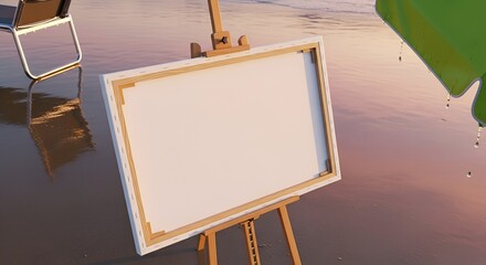 An empty canvas awaits inspiration on a serene beach, bathed in the soft glow of sunset, evoking a