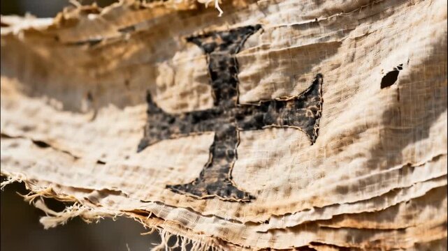 Ancient Tattered Templar Cross Flag Worn by Time and Elements