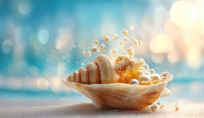 Seashell with pearls and flowers rests on sand.