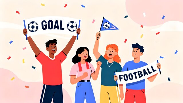 Flat Vector Illustration of Cheerful Football Fans Celebrating with Goal and Football Banners