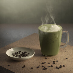 A warm cup of matcha latte with beautiful latte art, placed on a cozy breakfast table featuring toast, pastries, and a glass of orange juice.