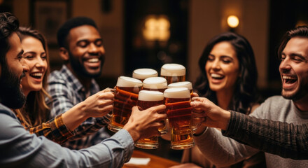 Diverse group of friends cheer with beer in bar. Laughing men and women toasting with glasses of beer. Selective focus.