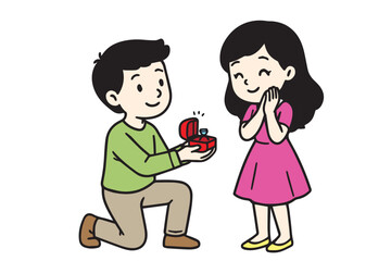 A simple romantic vector graphic shows a kneeling man revealing a ring to his partner, expressing love, commitment, and joy through minimal shapes, soft poses, and a warm proposal moment.