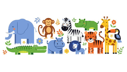 Fototapeta premium Collection of Cute Cartoon Safari Animals and Tropical Birds in a Vibrant and Playful Style