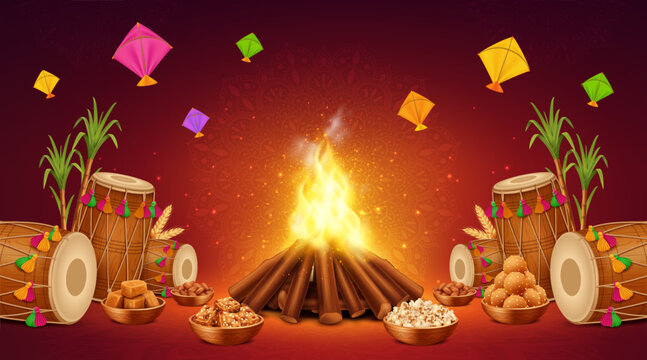 Lohri Festival Bonfire Background with Dhol Drums, Kites and Traditional Sweets