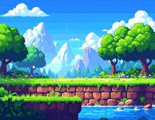 Pixelated landscape of lush green valley, mountains, and sky