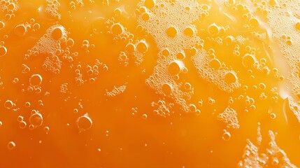A bright orange macro texture featuring detailed bubbles and foam, creating a lively, fresh, and energetic surface ideal for drink visuals, packaging, and modern graphic design.