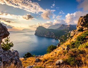 Scenic coastal view under a cloudy sky. Mountains and ocean are visible