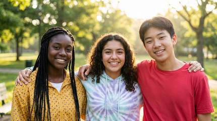 Three diverse teenagers smiling together in sunny park setting  