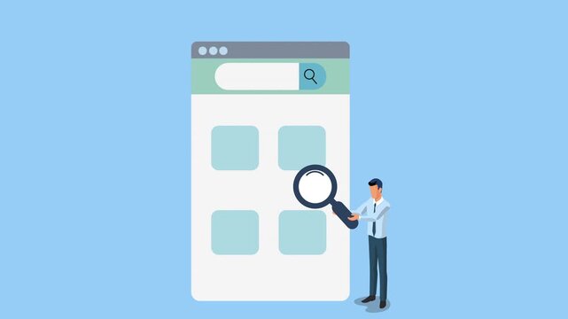 Illustration of a businessman holding a magnifying glass next to a web browser interface, symbolizing searching and exploring content online