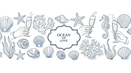 Ocean of Love: Romantic Marine Life, Shells, and Champagne Celebration Vector Art © Avoxel